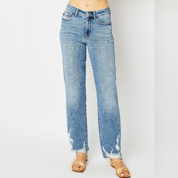 Judy Blue High-Rise Waist Dad Jeans Straight Leg Distressed Torn Hem Denim Pants - Picture 1 of 16